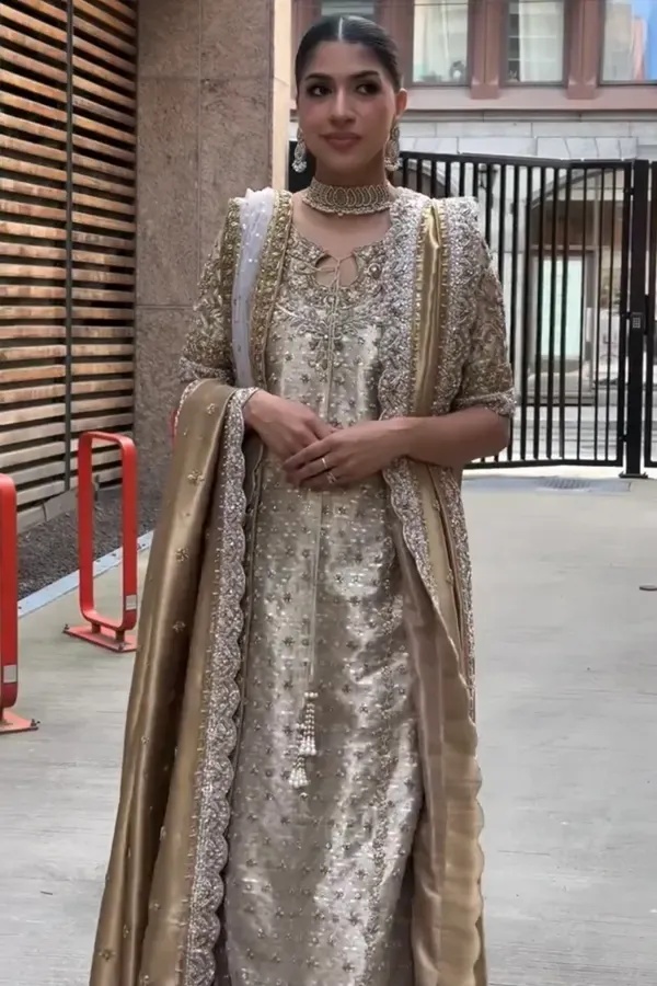 Noor- e- Haseen pakistani fashion outfit in gold, silver tones.